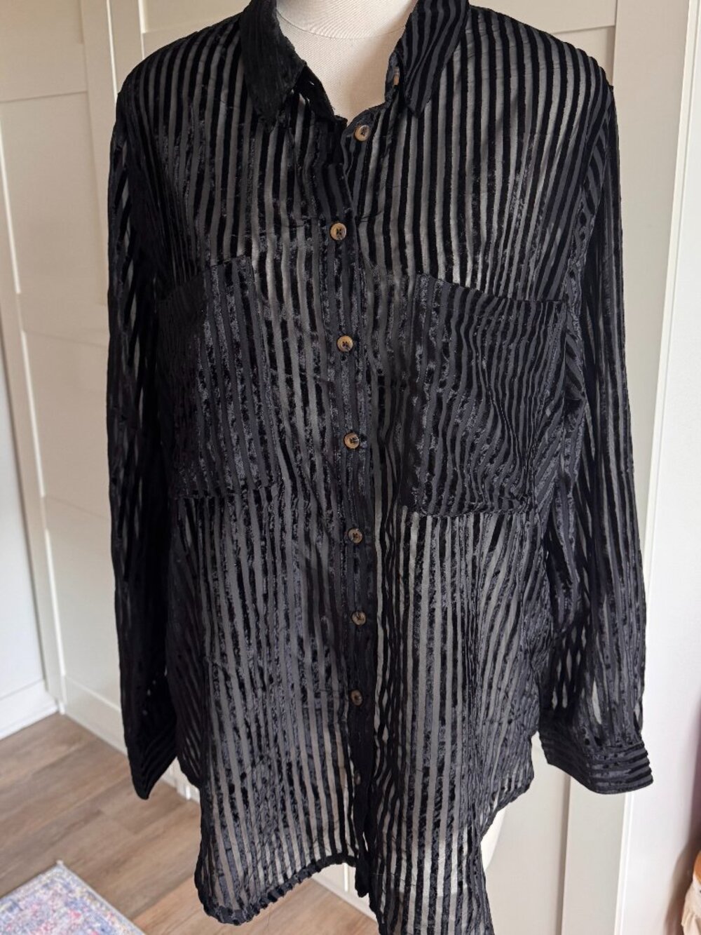Pilcro Black Sheer Striped Button-Down Shirt
